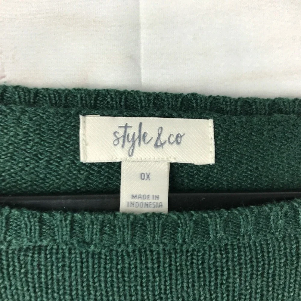 Style&Co Sweater Womens 0X Green Ruffle Trim Pullover Boat Neck Long Sleeve Knit